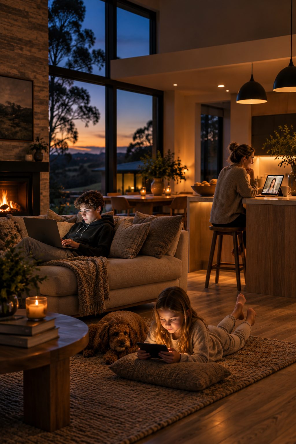 Family at home in the evening with devices connected across the house